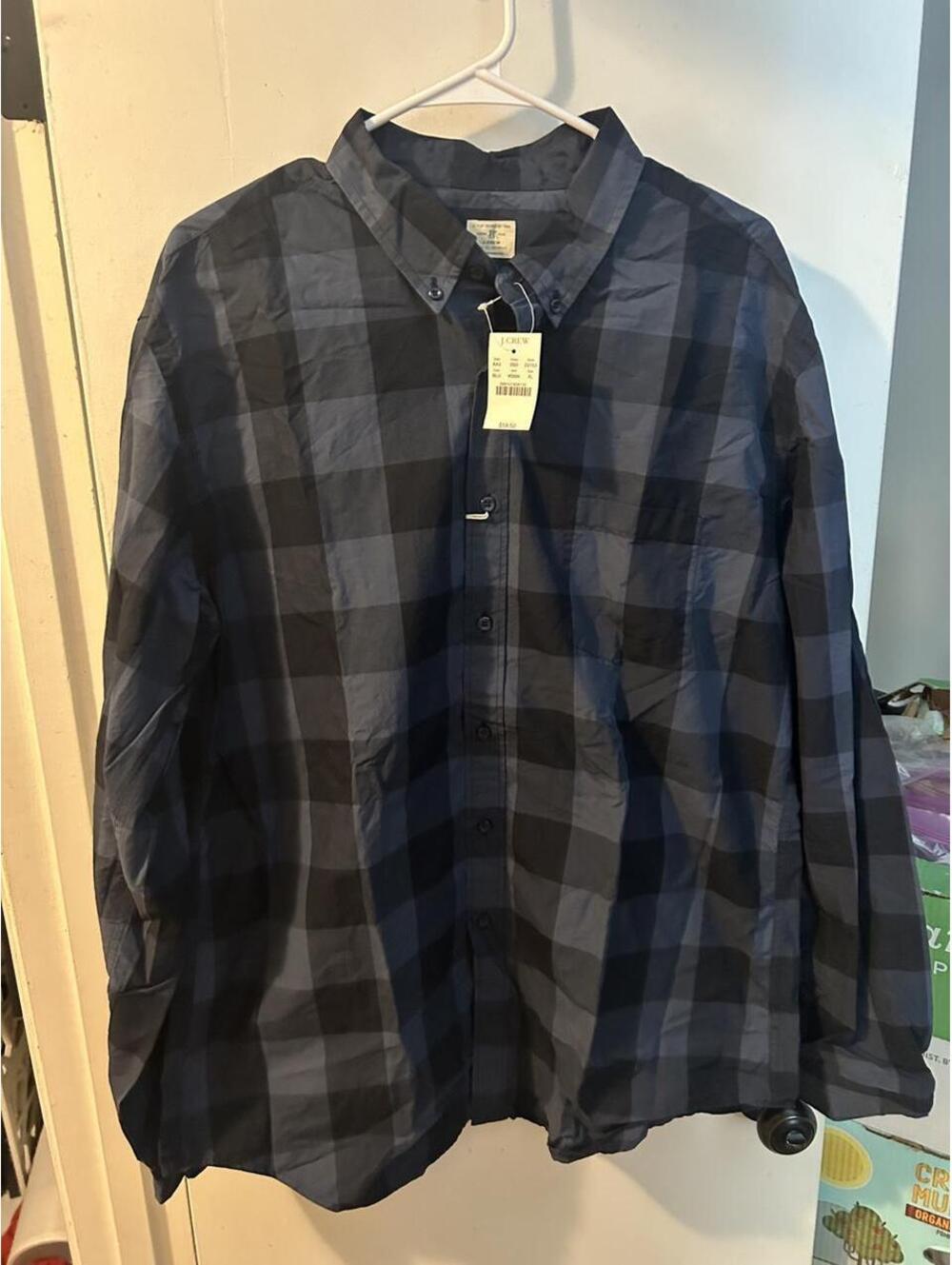 NWT J. Crew 2-ply 100% cotton Black and blue plaid button-up shirt size XL